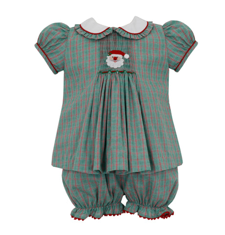 Anavini Baby Girls Green Plaid Smocked Santa Bloomer Set