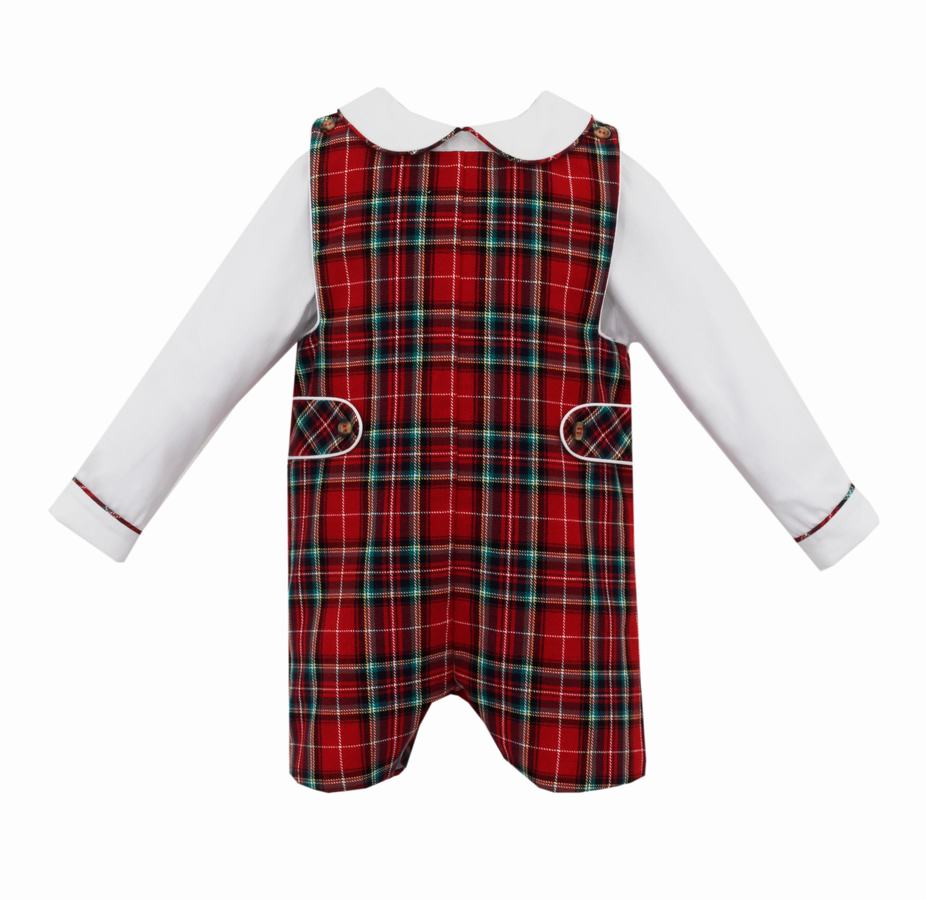 Boys Red Holiday Plaid Christmas Shortall and Shirt