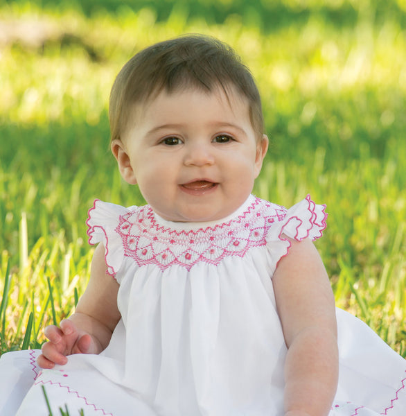 Girls White Pink Hand Smocked Dress