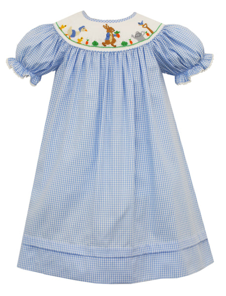 Baby Girls Blue Gingham Smocked Peter Rabbit Bishop Dress