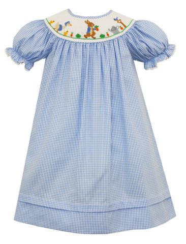 Baby Girls Blue Gingham Smocked Peter Rabbit Bishop Dress