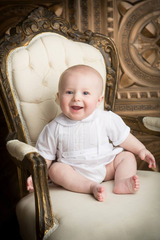 Baby Boys Belted Bubble With Pintucks and Embroidery