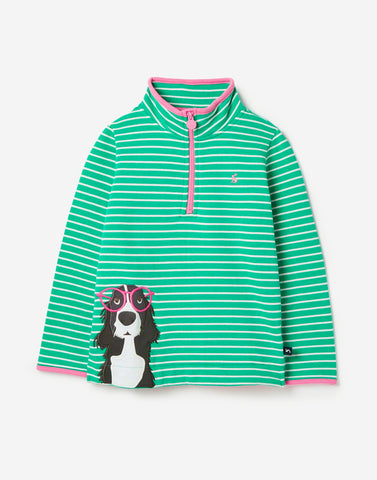 Girls Green Stripe Zip Sweatshirt with Dog Applique