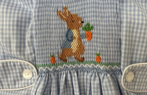 Girls Blue Gingham Smocked Peter Rabbit Float Dress Girls Blue Gingham Smocked Peter Rabbit Float Dress
