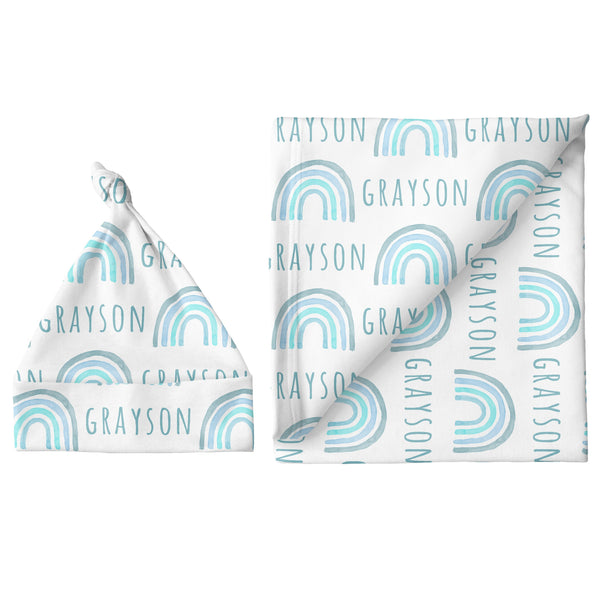 Sugar + Maple Large Blanket & Hat Set - Rainbow Blue