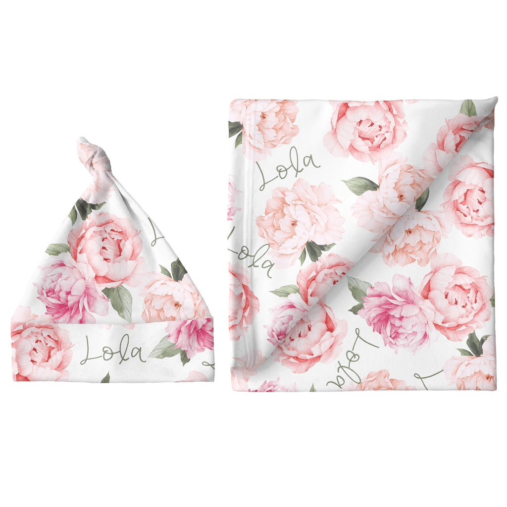 Sugar + Maple Large Blanket & Hat Set - Peach Peony Blooms
