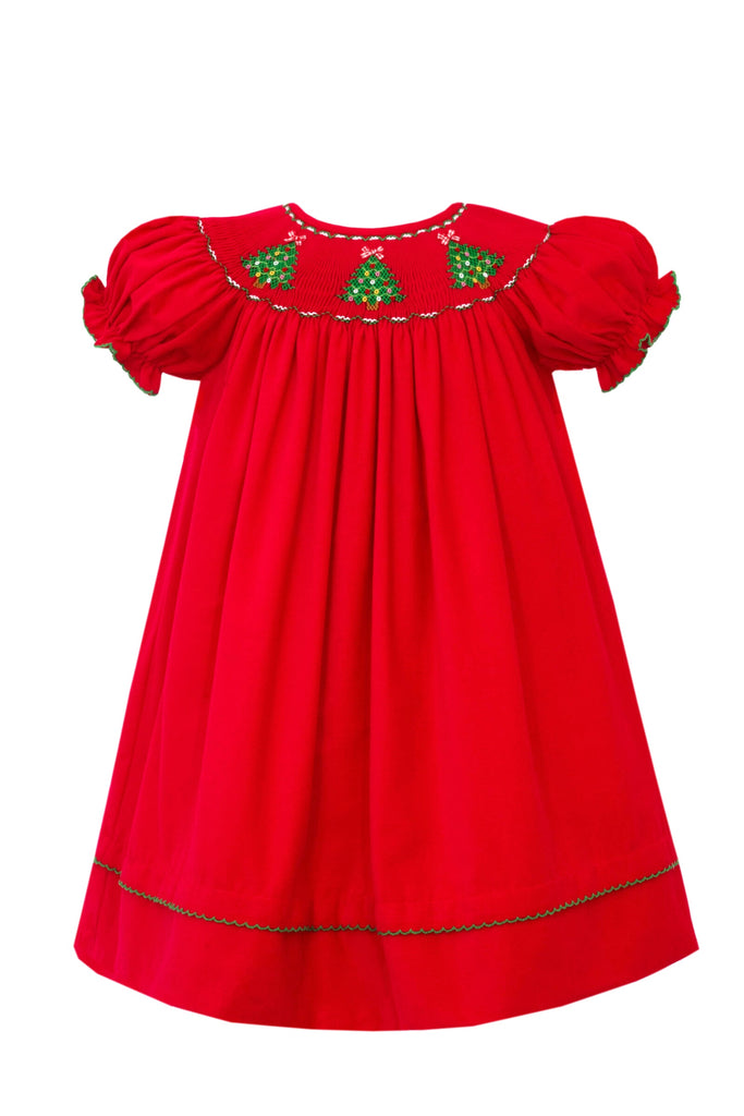 Girls Smocked Red Cord Trees Dress Bishop