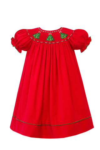 Girls Smocked Red Cord Trees Dress Bishop