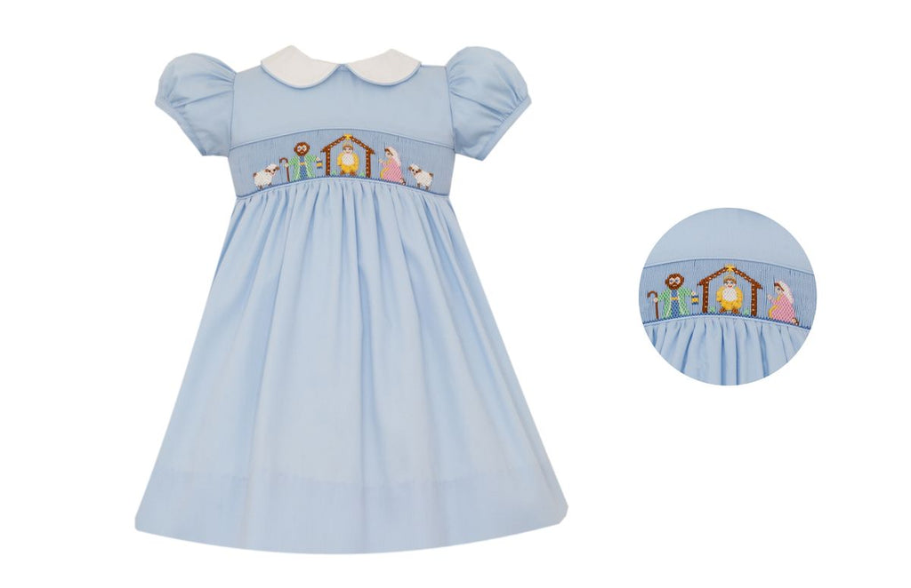 Petit Bebe Girls Blue Smocked Nativity Pique Dress
