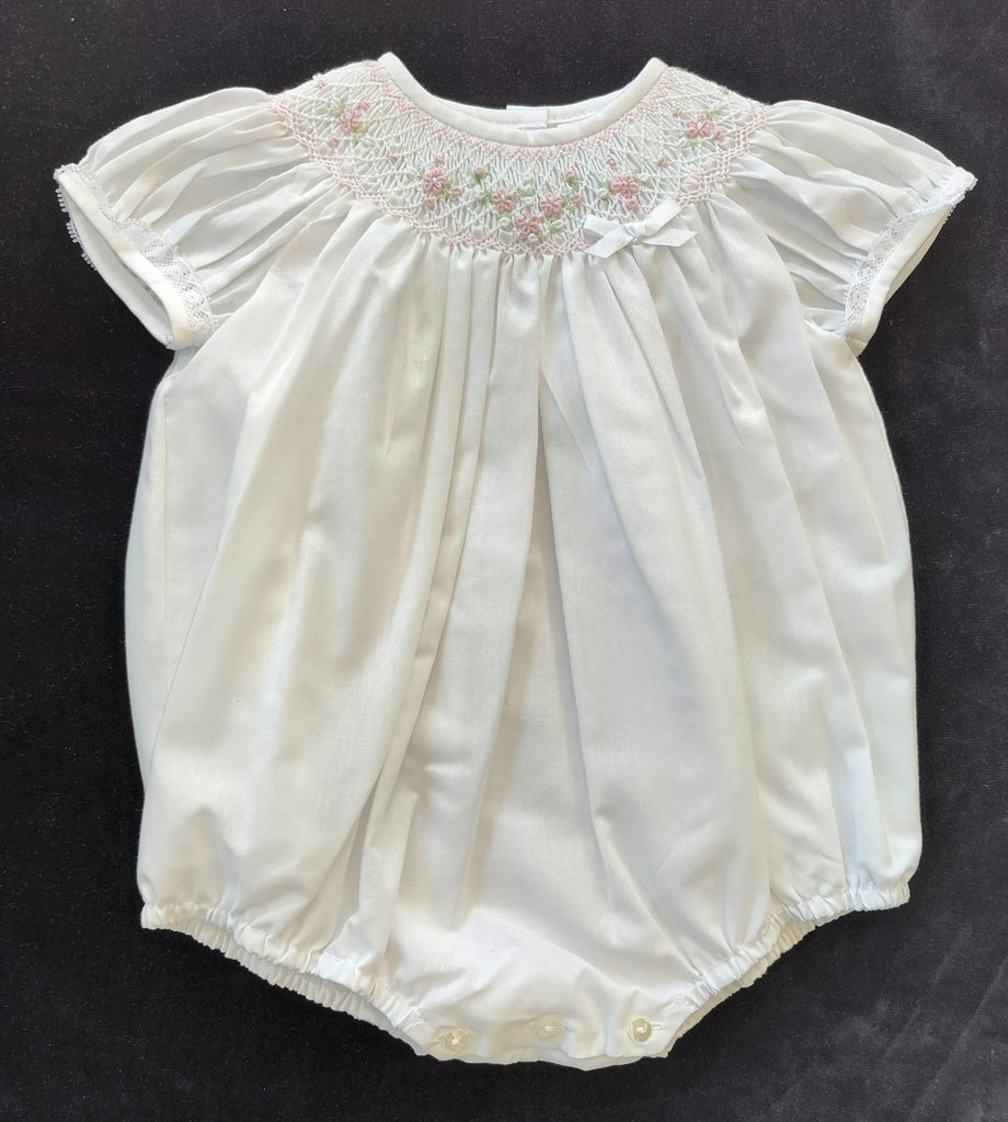 Hand Smocked White Bubble with Pink Rosebuds and Bow