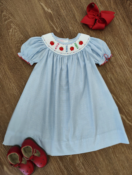 Petit Bebe Girls Back To School Smocked Bishop Dress with Apples and Crayons