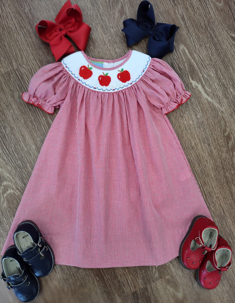 Girls Back To School Smocked Bishop Dress with Apples Girls Back To School Smocked Bishop Dress with Apples