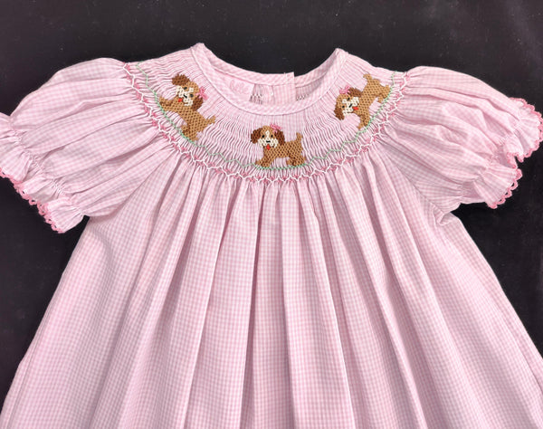 Petit Bebe Pink Check Smocked Puppy Dress