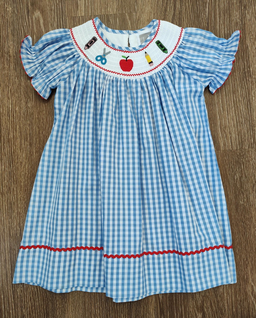 Lil Cactus GirlsBack To School Blue Check School Supply Bishop Dress