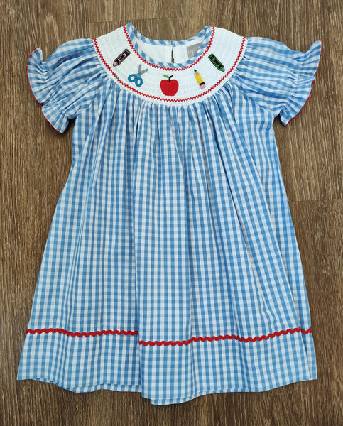 Lil Cactus GirlsBack To School Blue Check School Supply Bishop Dress