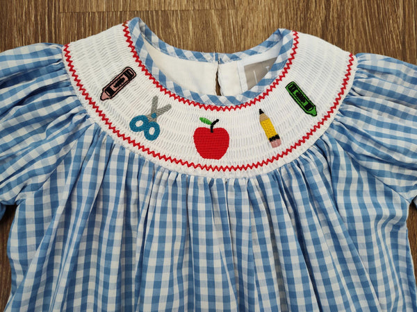 Lil Cactus GirlsBack To School Blue Check School Supply Bishop Dress