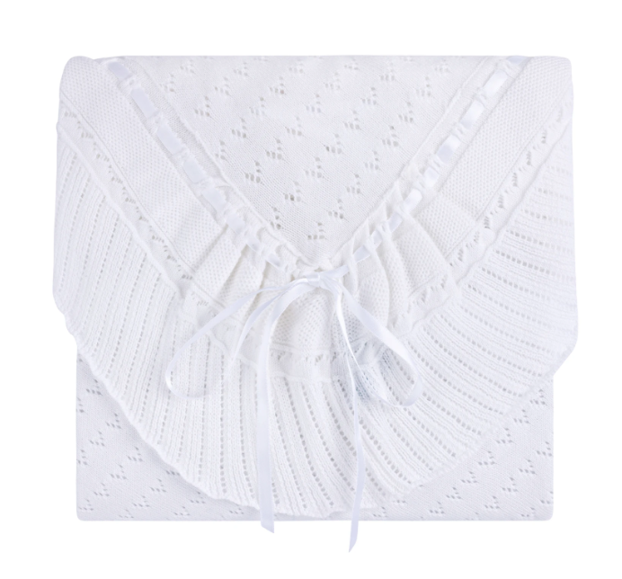 Pointelle Knit White Ruffle Blanket
