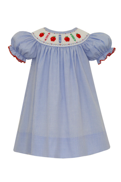 Petit Bebe Girls Back To School Smocked Bishop Dress with Apples and Crayons