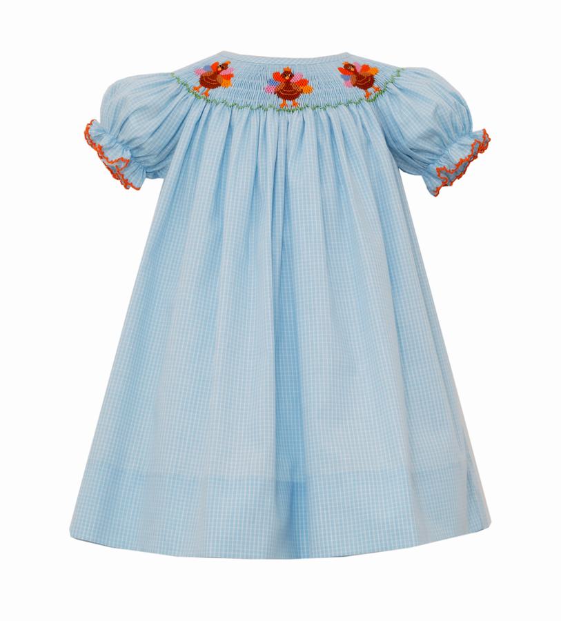 Girls Blue Turkey Dress - Bishop Style