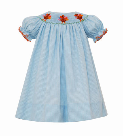 Girls Blue Turkey Dress - Bishop Style