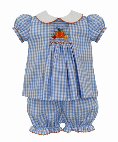 Girls Blue Check Smocked Pumpkin Bloomer Set