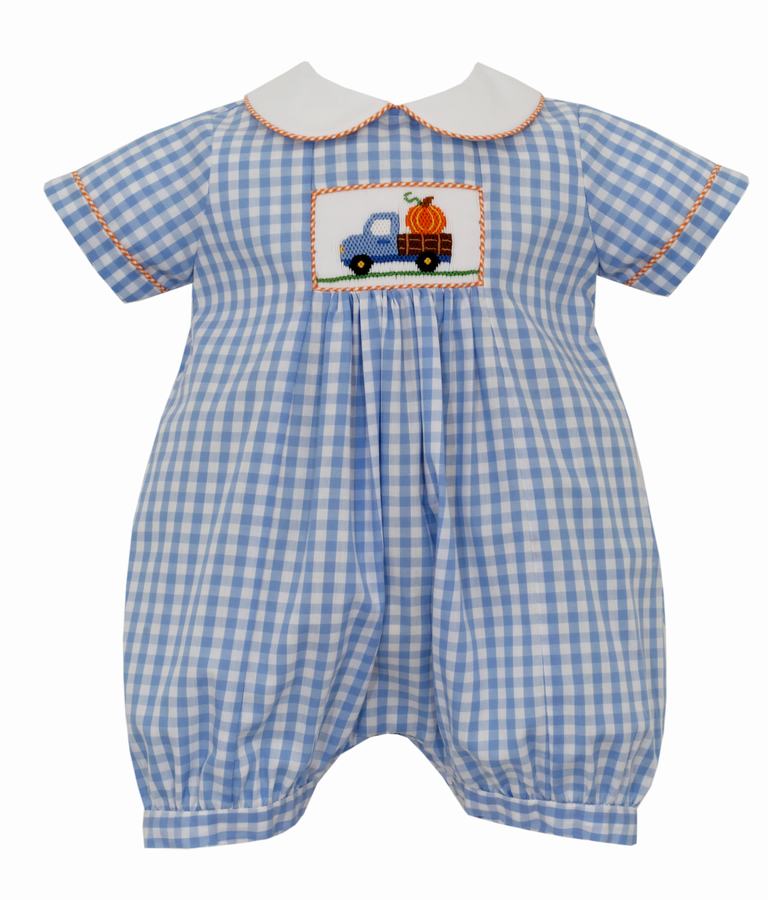 Boys Blue Check Smocked Pumpkin Romper