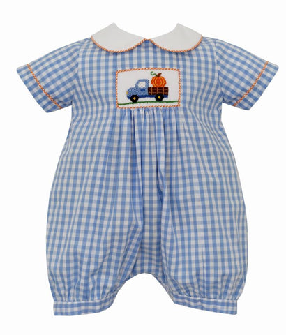 Boys Blue Check Smocked Pumpkin Romper