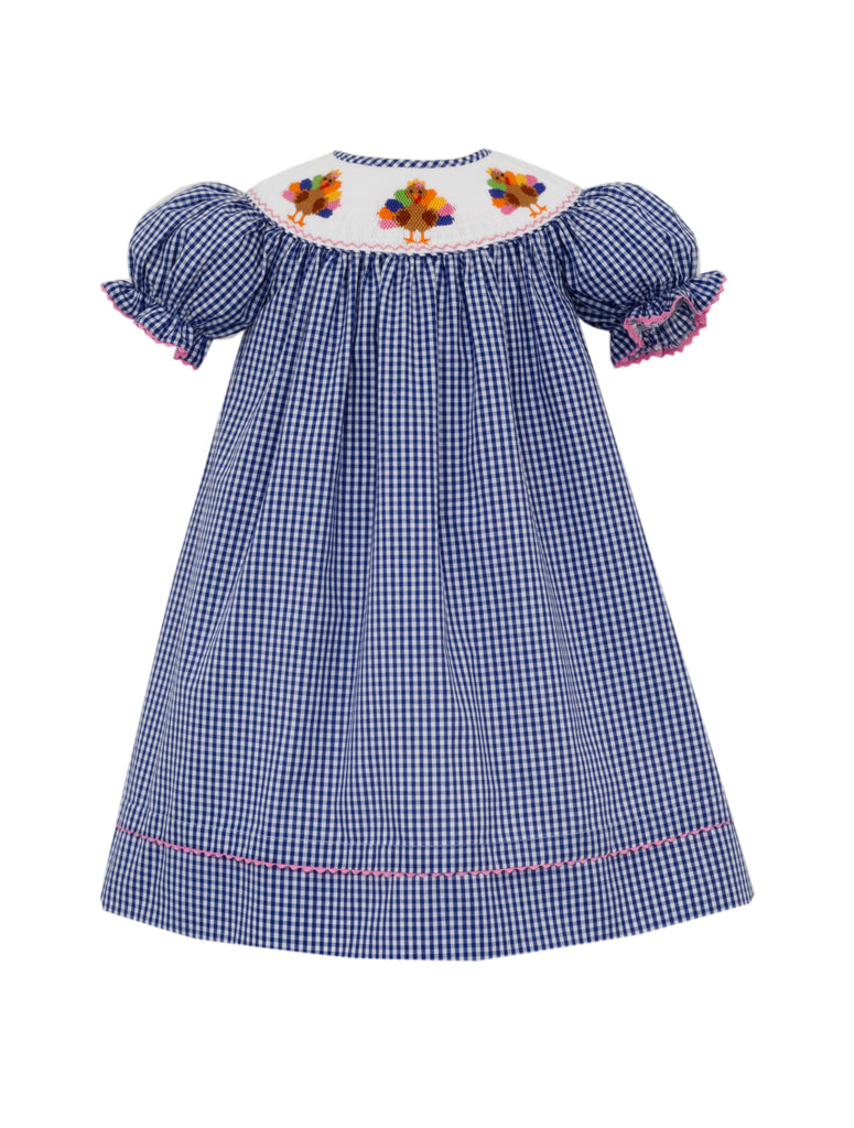 Anavini Navy Check Smocked Turkey Dress