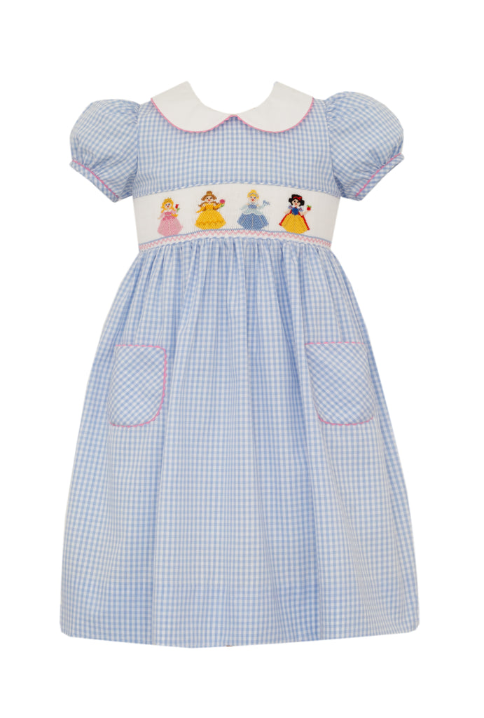 Anavini Girls Blue Gingham Smocked Princess Dress with Collar