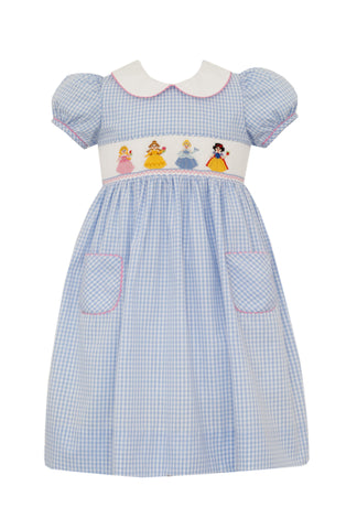 Anavini Girls Blue Gingham Smocked Princess Dress with Collar