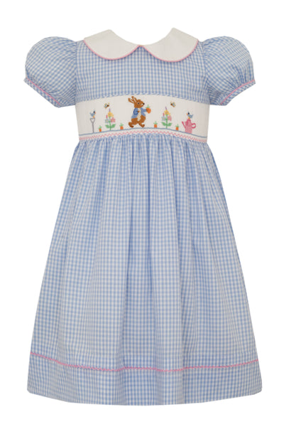 Anavini Girls Smocked Peter Rabbit Dress - White Collar