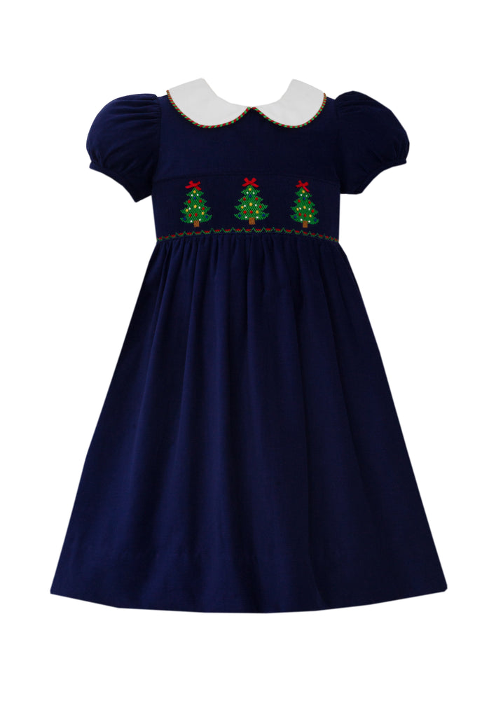Anavini Girls Navy Corduroy Dress with Smocked ChristmasTrees