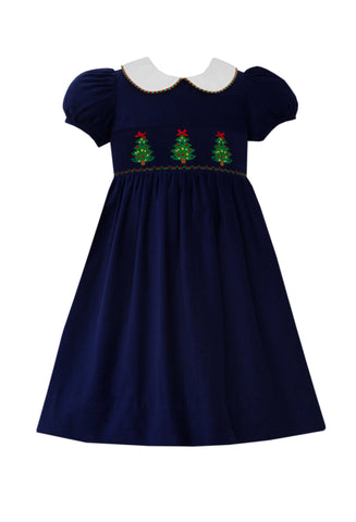 Anavini Girls Navy Corduroy Dress with Smocked ChristmasTrees