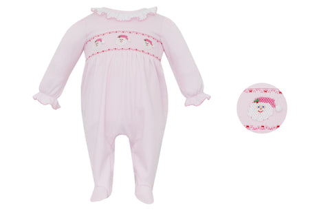 Petit Bebe Pink Smocked Santa Face Footie