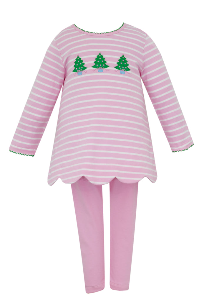 Claire & Charlie Pink Stripe Christmas Tree Pantset
