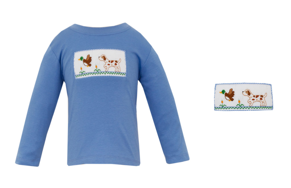 Anavini Boys Periwinkle Blue Smocked Mallard Ducks Hunting T-Shirt
