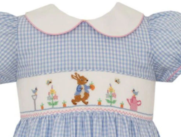 Anavini Girls Smocked Peter Rabbit Dress - White Collar