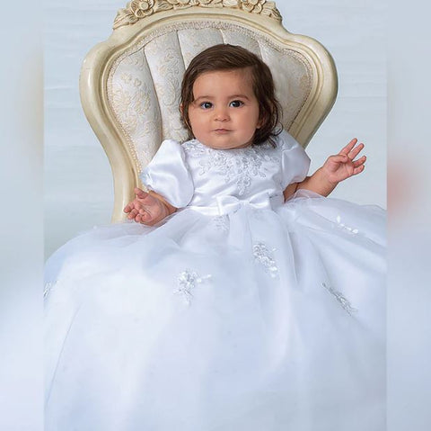 Sarah Louise Puff Sleeve Embroidered Christening Gown & Bonnet