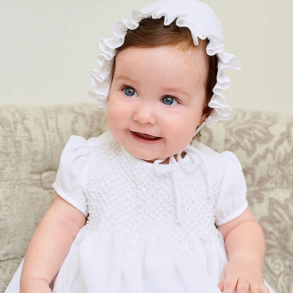 Sarah Louise Baby Girl White Smocked Christening Gown With Pearls