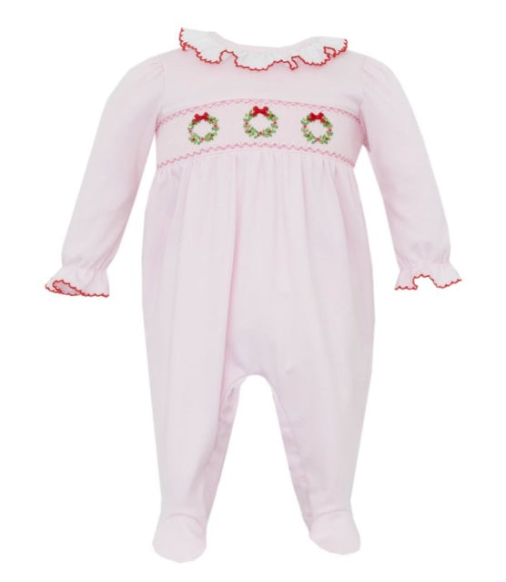 Girls Pink Wreath Christmas Footie