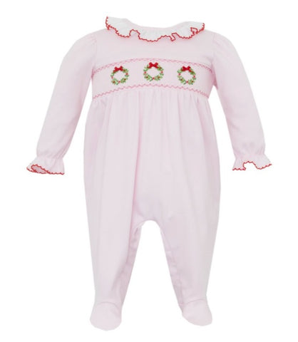 Girls Pink Wreath Christmas Footie