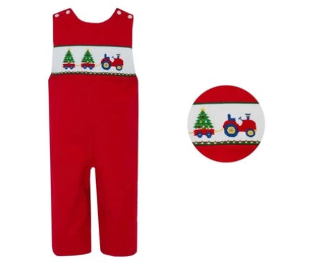 Anavini Boys Red Corduroy Longall - Smocked Christmas Tree Tractor