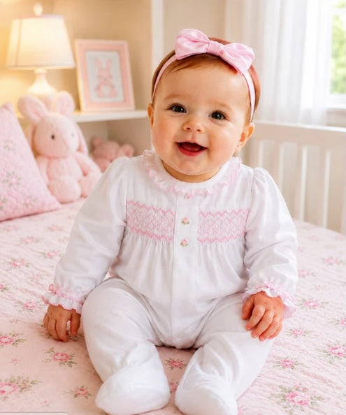 White With Pink Smocked Footie