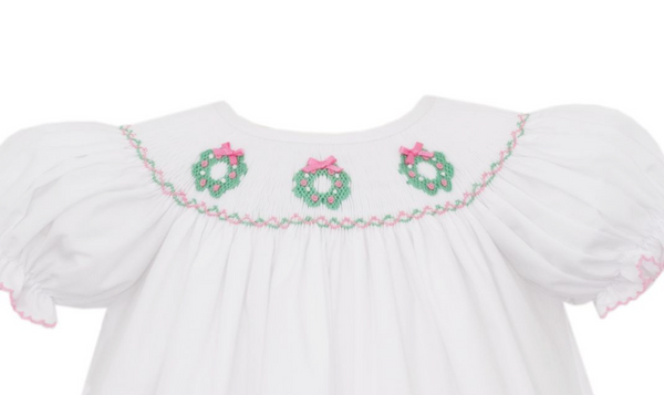 White Smocked Wreath Bishop Dress