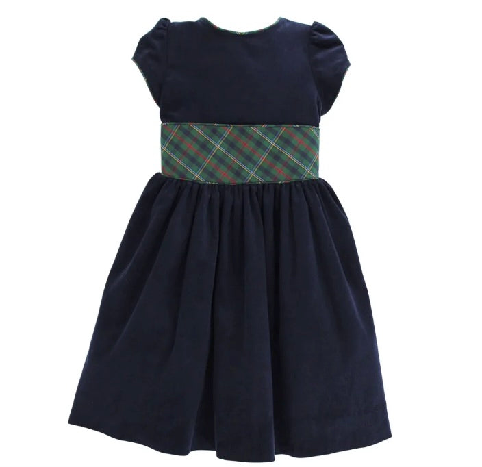 Navy Corduroy Dress - Plaid Sash