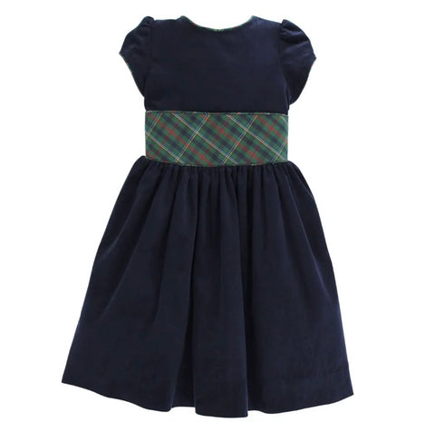 Navy Corduroy Dress - Plaid Sash