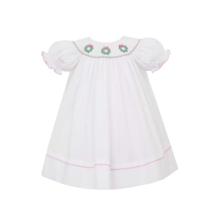 White Smocked Wreath Bishop Dress
