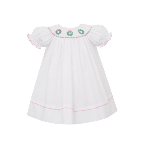 White Smocked Wreath Bishop Dress