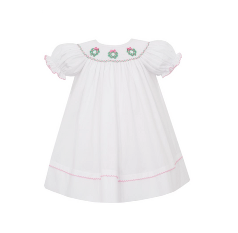 White Smocked Wreath Bishop Dress