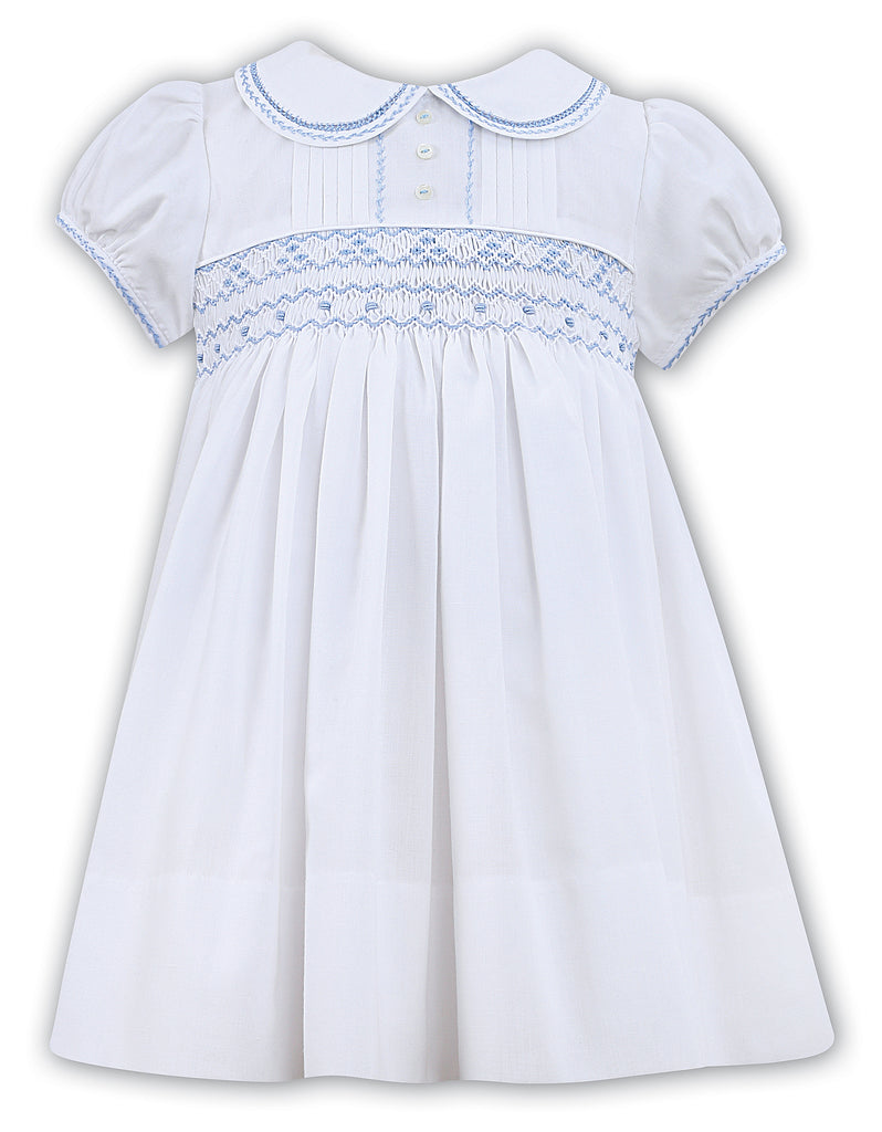 Classic White Pleated Dress with Blue Smocking